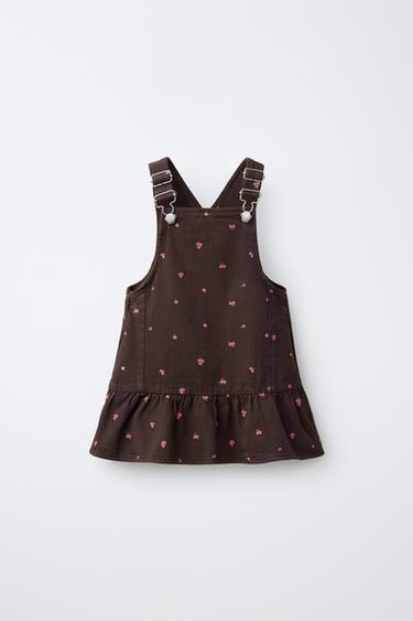 EMBROIDERED FLORAL TWILL PINAFORE DRESS - Brown by Zara
