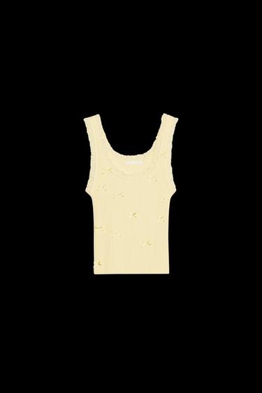 Zara RIBBED BOW LACE TOP - Yellow - Image 0