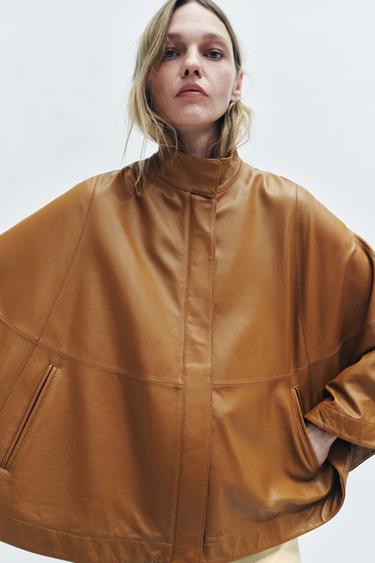 Zara 100% LEATHER ZIPPER CAPE - taupe brown