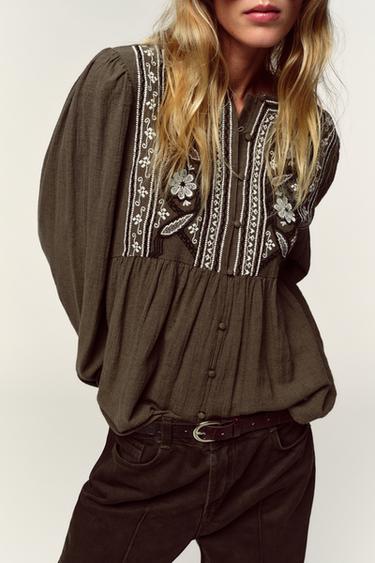 BLOUSE DEVANT BRODÉ - Kaki foncé de Zara - Image 1