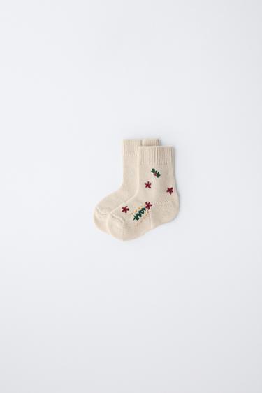 Zara MID-CALF EMBROIDERED WOOL SOCKS - Ecru