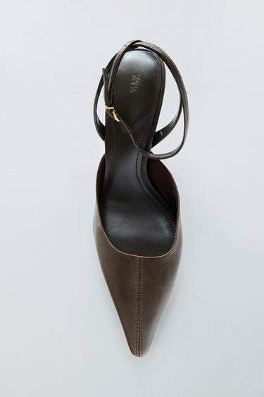 LEATHER SLINGBACK HEELS WITH ANKLE STRAP - Mink Grey by Zara