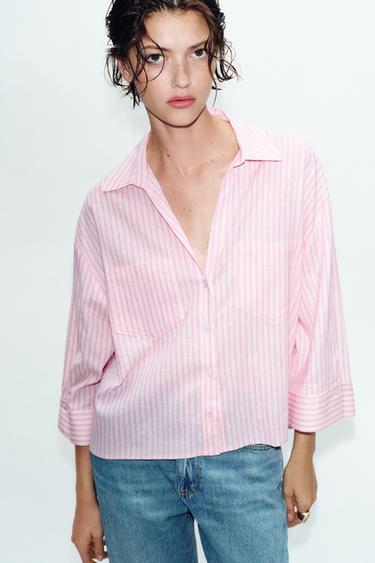CAMISA FLUIDA COM LINHO - Rosa / Branco da Zara