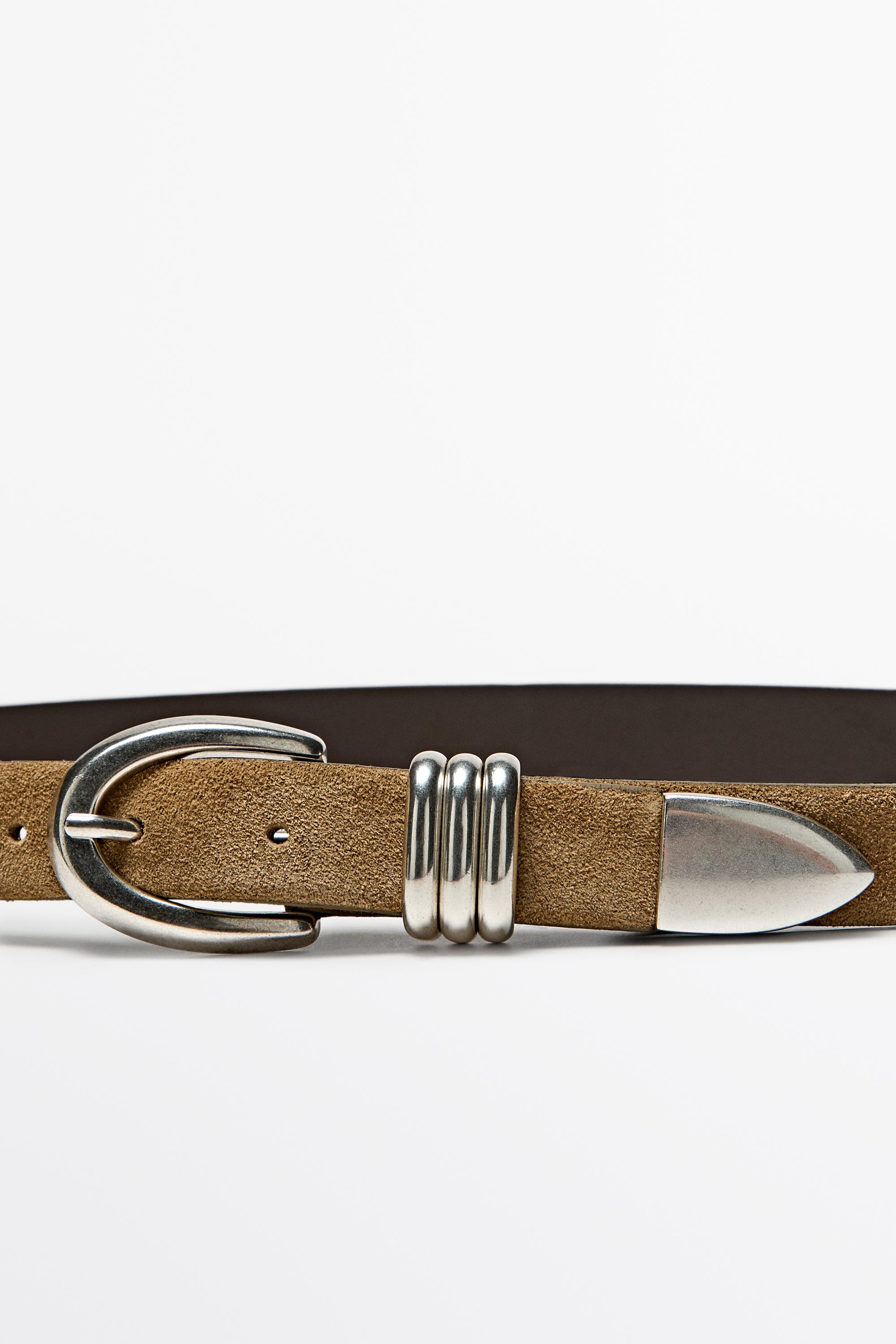 Split suede leather belt with metal detail — Sand