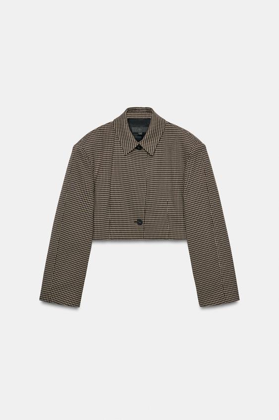 CROPPED CHECK BLAZER - Khaki by Zara - Image 0