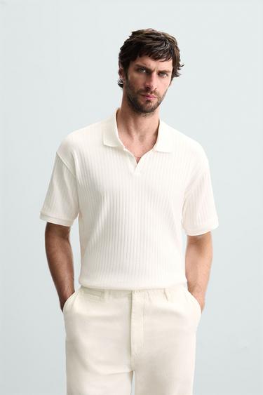 Zara RIB KNIT POLO SHIRT - Ecru