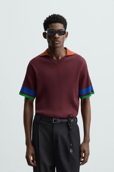 Zara COLOR BLOCK RIBBED KNIT POLO SHIRT - Burgundy
