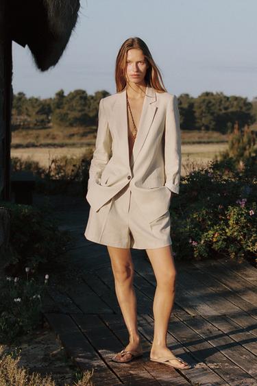 LINEN BLEND BLAZER WITH PRINTED CUFFS - Light beige by Zara - Image 2