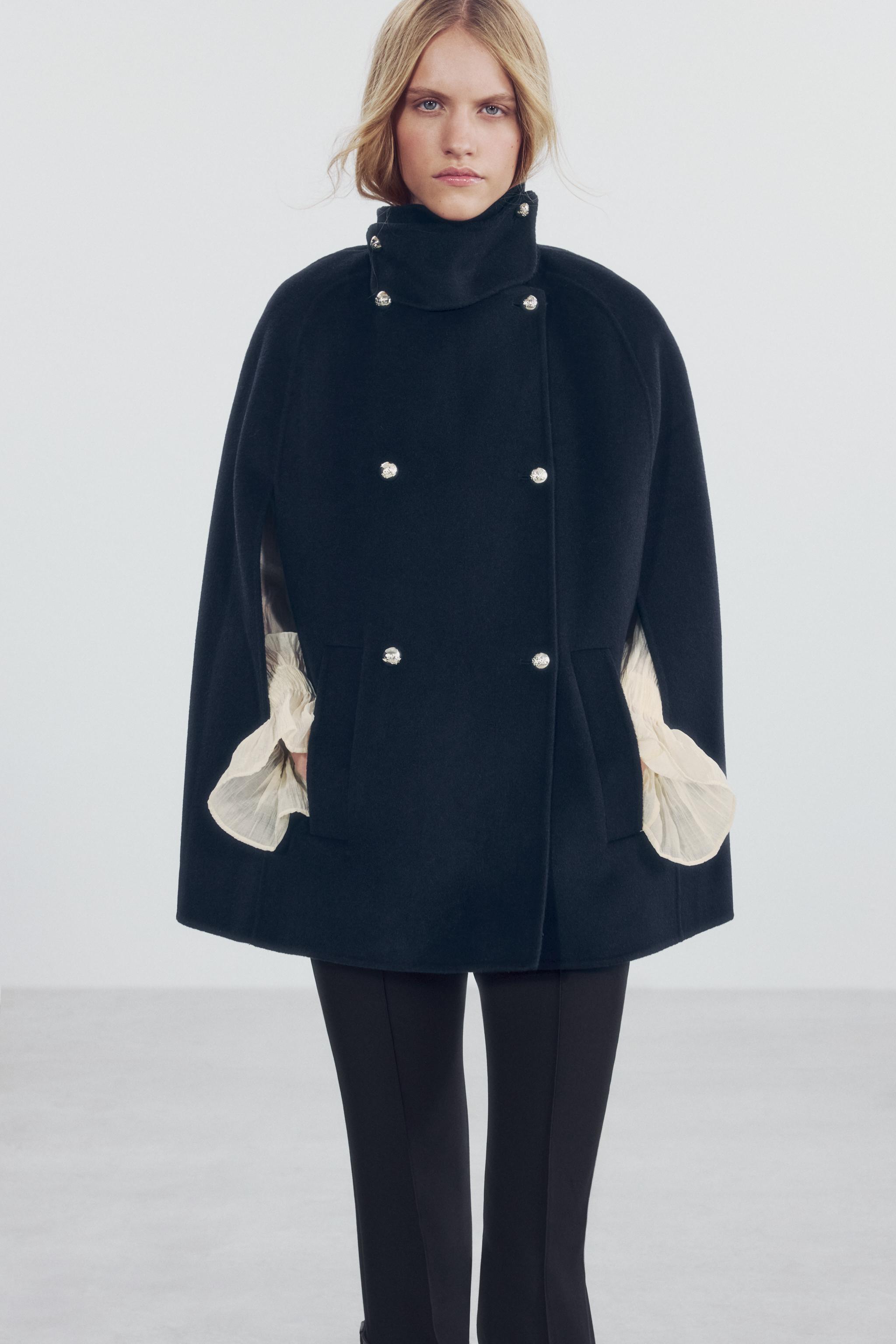 ZARA ウールブレンドケープ ZW COLLECTION ウールブレンド ボタン ケープ - ダークネイビーブルー
