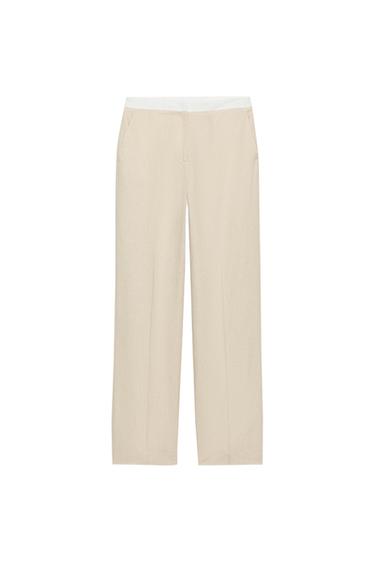 STRAIGHT-LEG LINEN BLEND TROUSERS WITH CONTRAST WAIST - Light beige by Zara