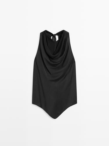 Top lazada cuello drapeado con seda - Negro de Zara