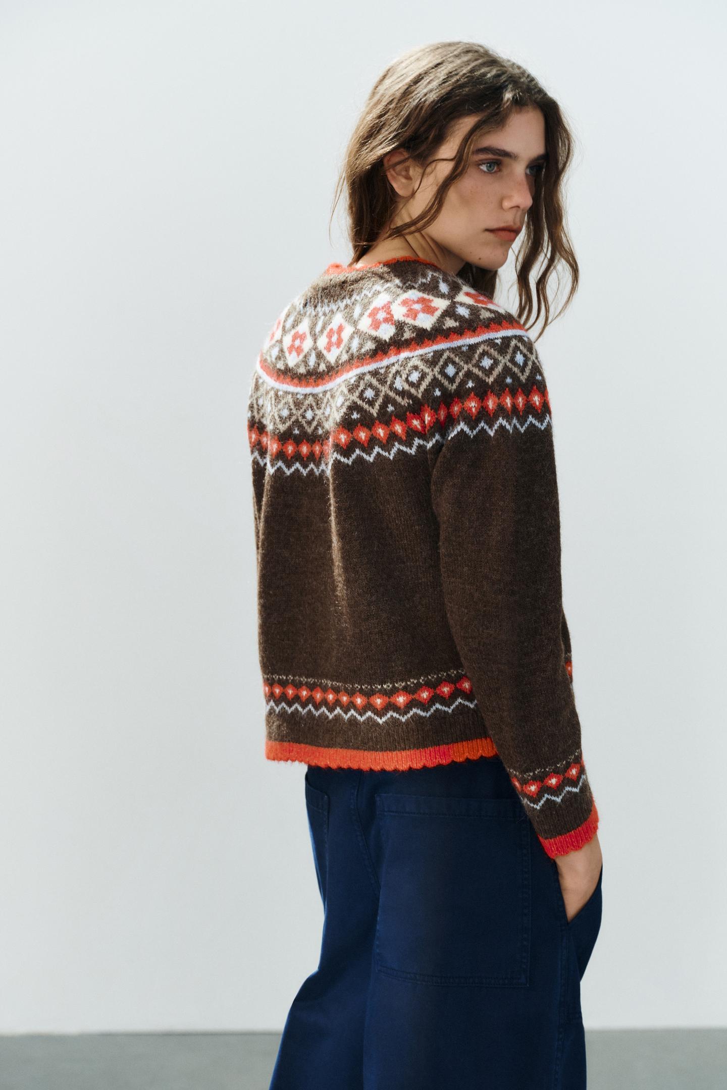 Женский кардиган Zara Jacquard, цвет: Коричневый — фото 4