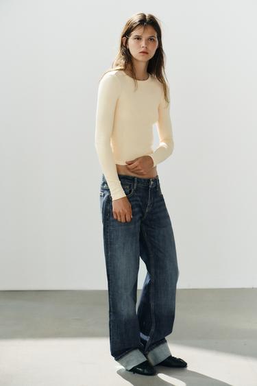 T-SHIRT EN COTON À MANCHES LONGUES - jaune de Zara