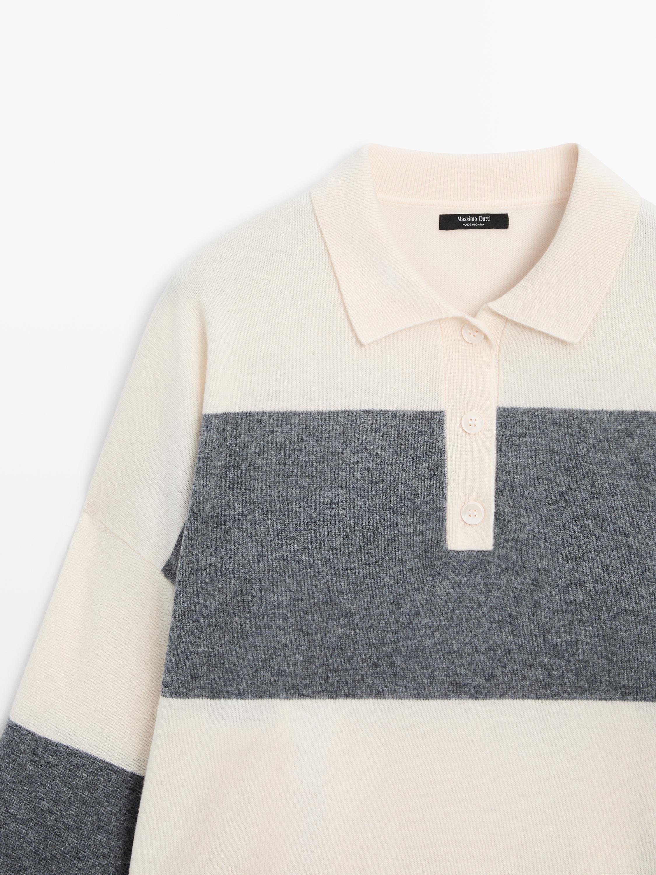 Striped knit sweater with polo collar