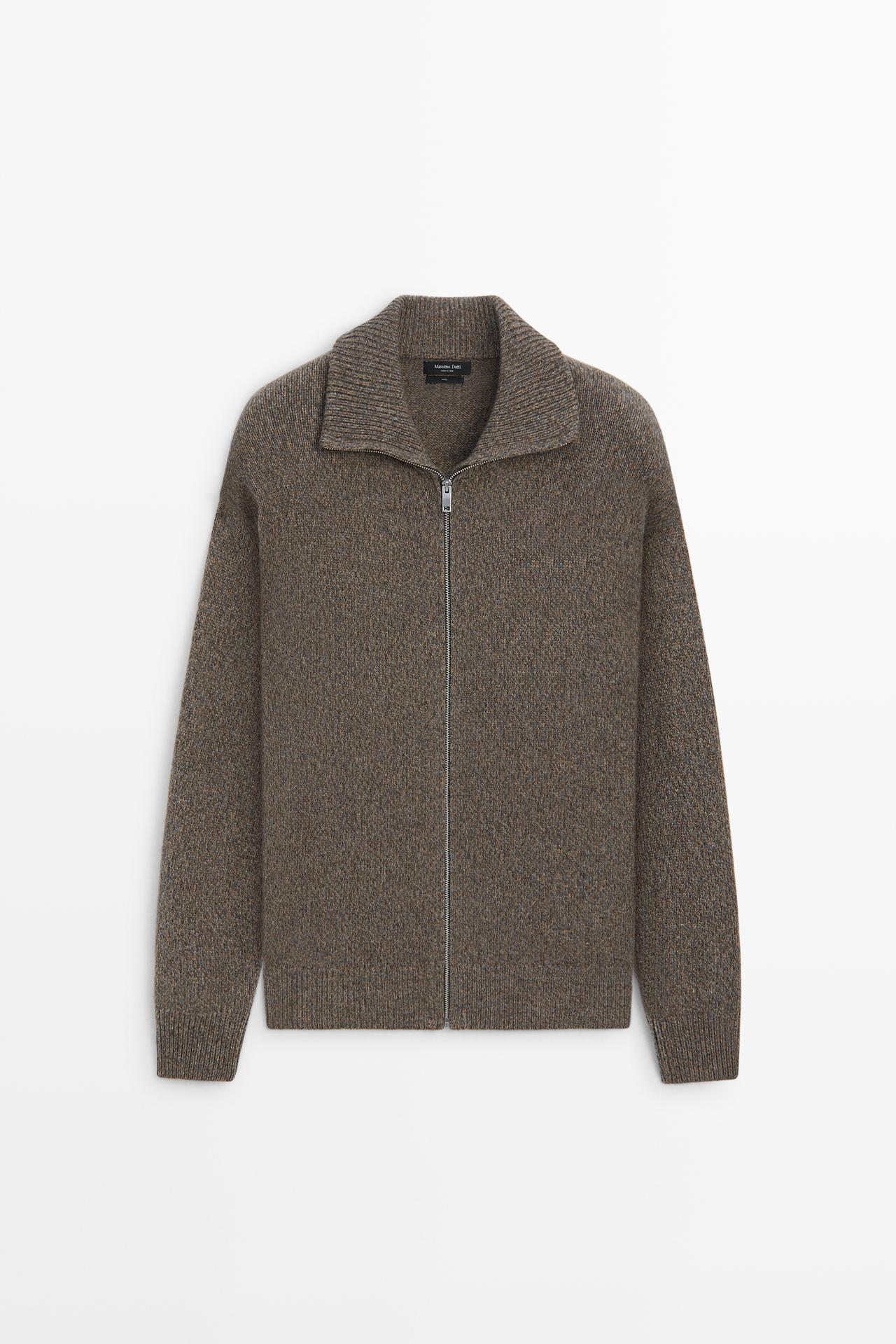 100% wool knit zip-up cardigan — Mink