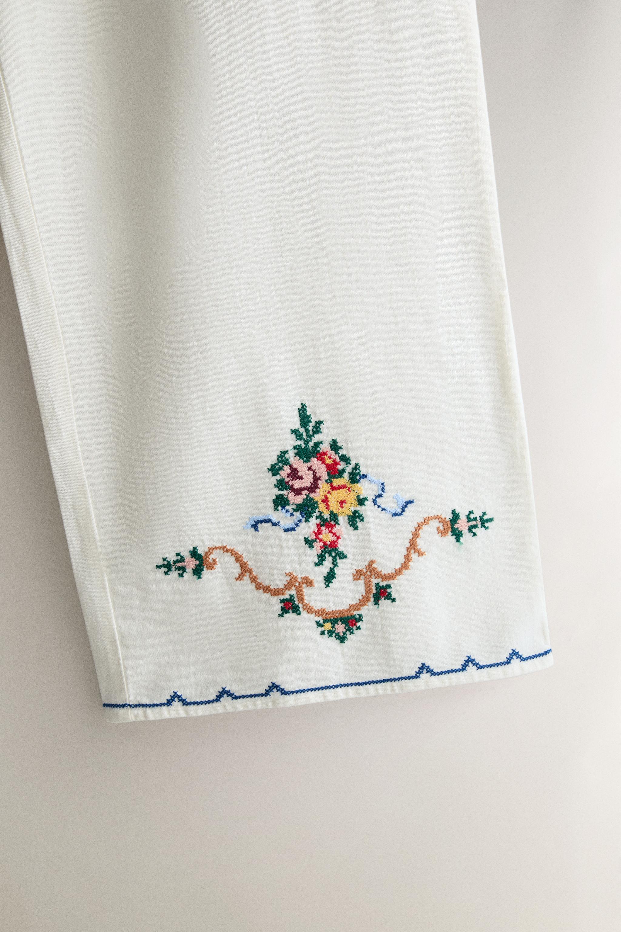 COTTON AND LINEN EMBROIDERED TROUSERS — White