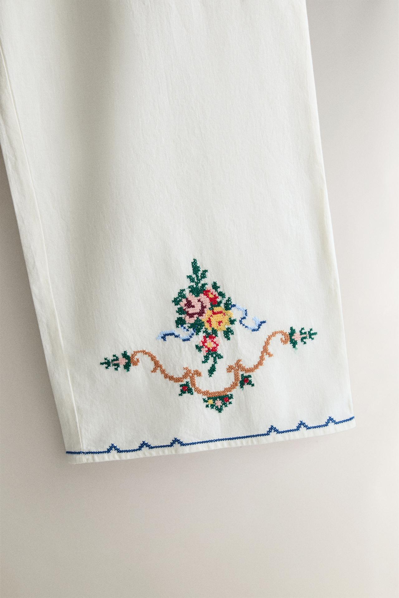 COTTON AND LINEN EMBROIDERED TROUSERS — White