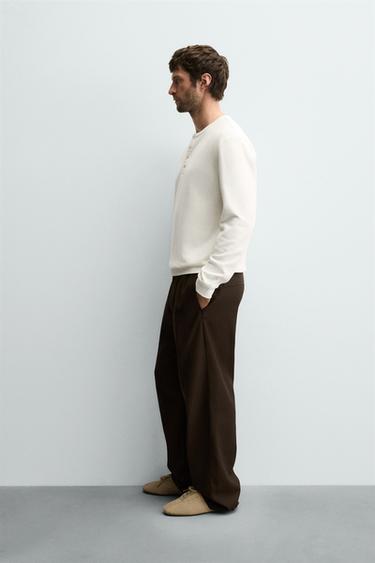 RIB KNIT GRANDAD COLLAR T-SHIRT - Oyster-white by Zara - Image 3