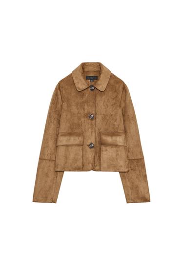 Front view of a short brown jacket with a shirt collar, long sleeves, front patch pockets with flaps and buttons.