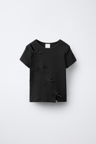 RIBBED T-SHIRT WITH BOWS - Anthracite grey by Zara - Image 0