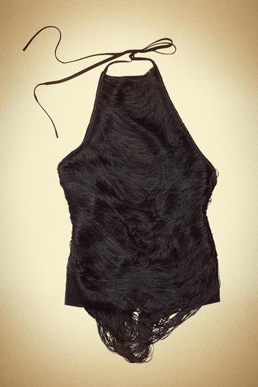 Zara FRINGE HALTER TOP - Black