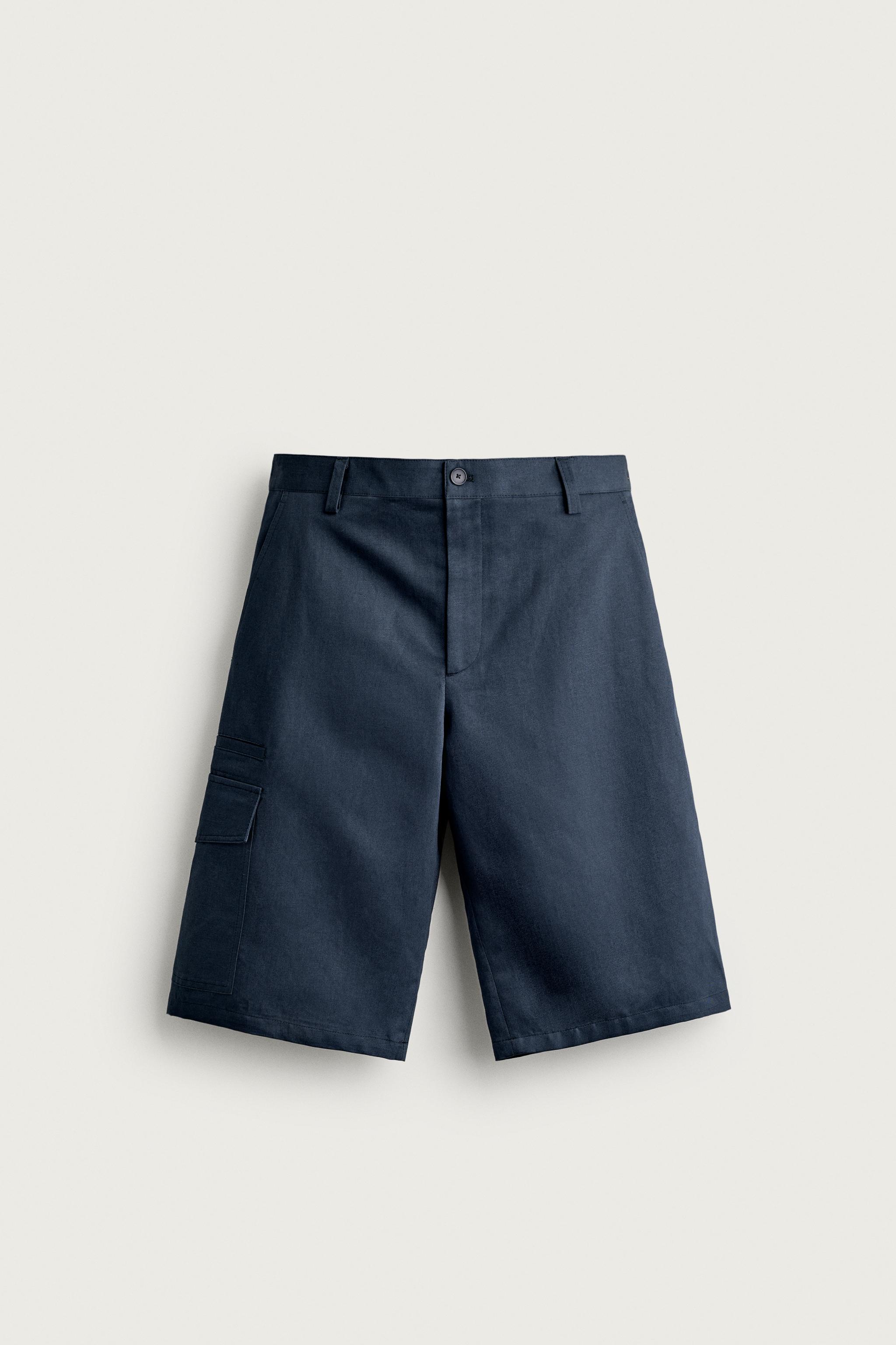 COTTON-LINEN RELAXED FIT CARGO SHORTS — Blue / Navy