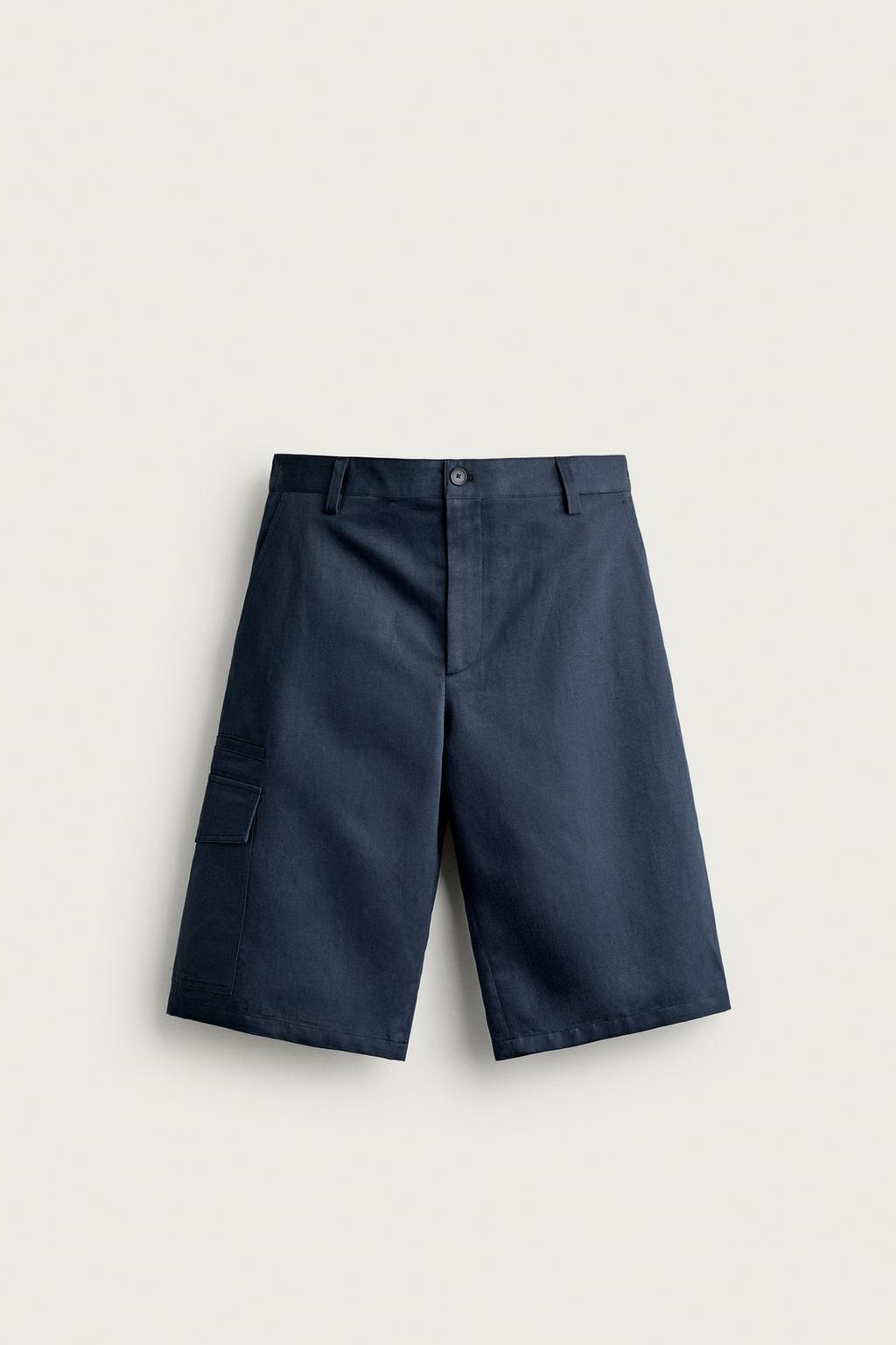 COTTON-LINEN RELAXED FIT CARGO BERMUDA SHORTS