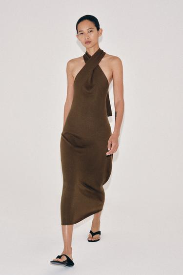 Zara KNIT HALTER MIDI DRESS - Khaki