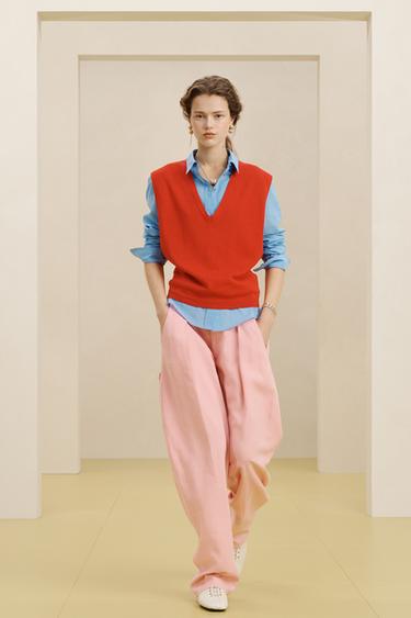 Zara COTTON LINEN BLEND VEST - Red - Image 0