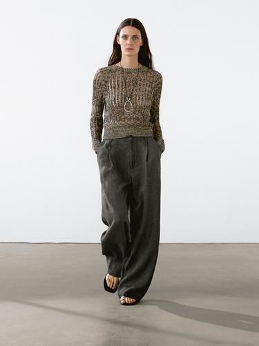 Pantalon wide leg 100 % lin - Vert gris de Zara