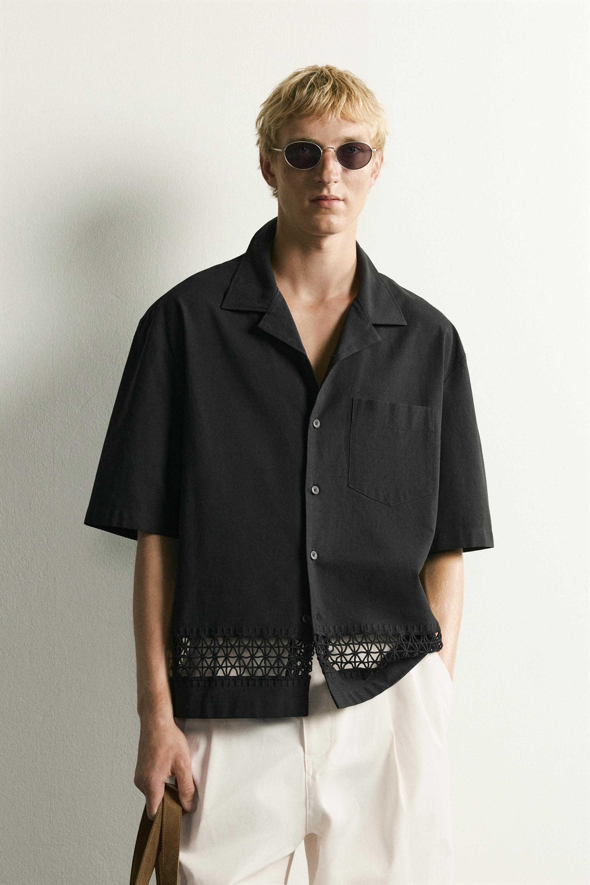 RELAXED FIT SHIRT WITH CONTRAST TRIM — Black