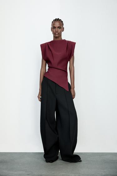 GATHERED TOP WITH SHOULDER PADS - Burgundy by Zara