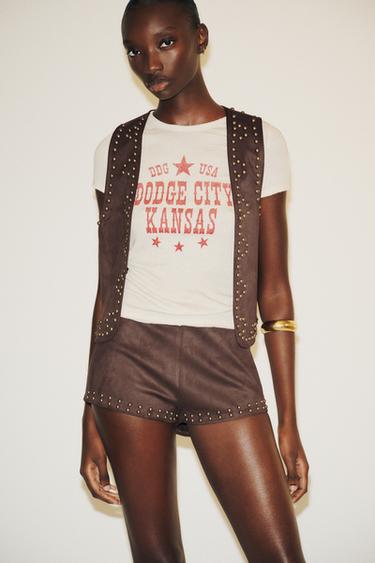 Zara 鉚釘綴飾仿麂皮背心 - 巧克力色