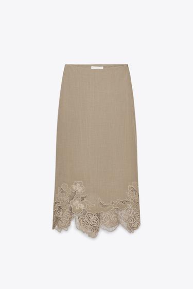 EMBROIDERED MIDI LINGERIE SKIRT - Brown / Taupe by Zara