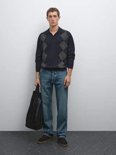 Zara Wool blend Argyle knit polo sweater - Navy blue