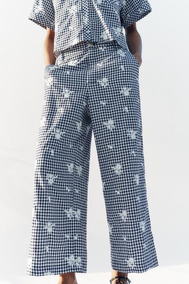 EMBROIDERED CHECK CULOTTES - Navy / White by Zara - Image 1