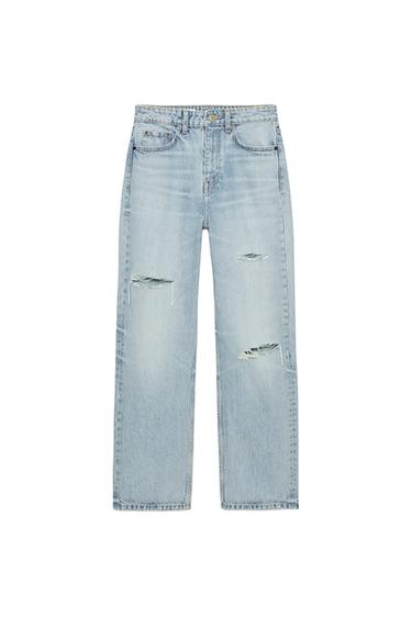 Zara TRF HIGH-RISE WIDE-LEG RIPPED JEANS - Light blue