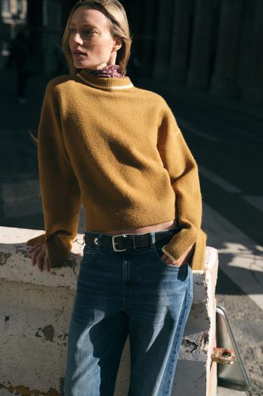 PULL EN MAILLE AVEC LISERÉS EN CONTRASTE - Moutarde de Zara - Image 1