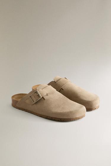 LEATHER CLOGS WITH BUCKLE AND TOPSTITCHING DETAIL - Green by Zara - Image 1