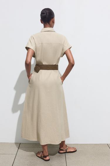 LINEN BLEND MIDI DRESS WITH BELT - Light beige by Zara - Image 3