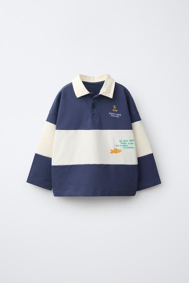 Zara EMBROIDERED STRIPED KNIT POLO - Blue