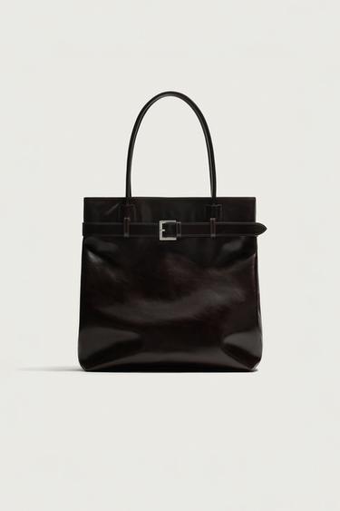 ÇANTË SHOPPER LËKURE ME RRYP - Kafe nga Zara