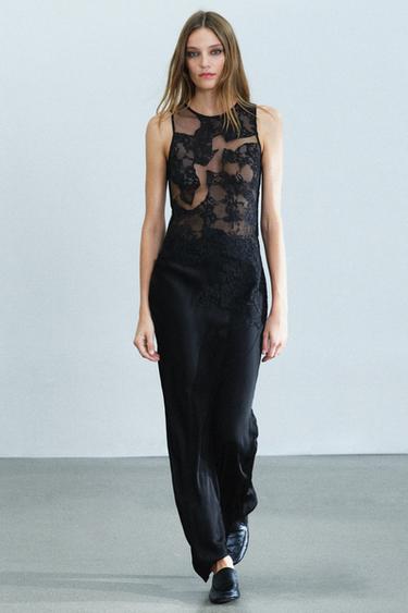 فستان طويل ممزوج بالدانتيل ZW COLLECTION - أسود by Zara - Image 0