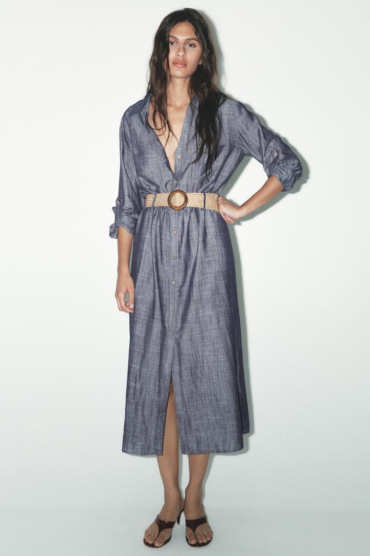 VESTIDO CAMISERO CINTURÓN CONTRASTE Índigo ZARA Chile