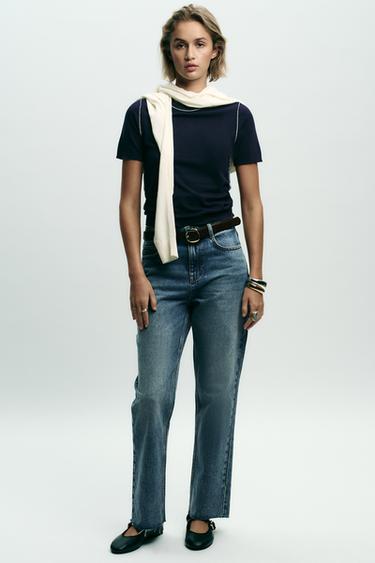 SHORT SLEEVE KNIT TOP WITH PIPED TRIMS - Navy blue by Zara