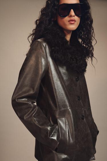 Zara ZW COLLECTION LIMITED EDITION FUR-COLLAR LEATHER JACKET - Brown