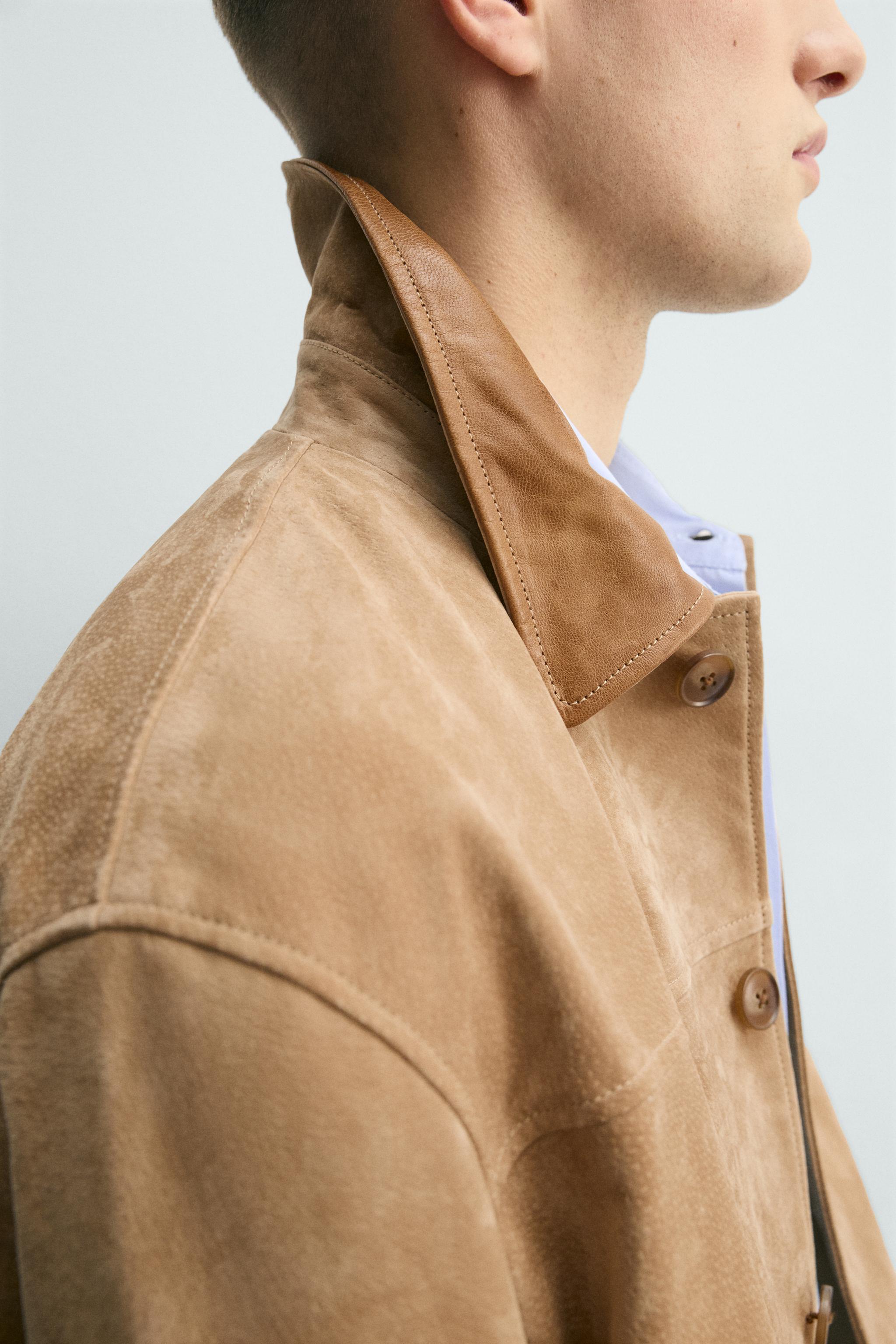 VESTE EN CUIR VELOURS AVEC COL BIMATIÈRE
