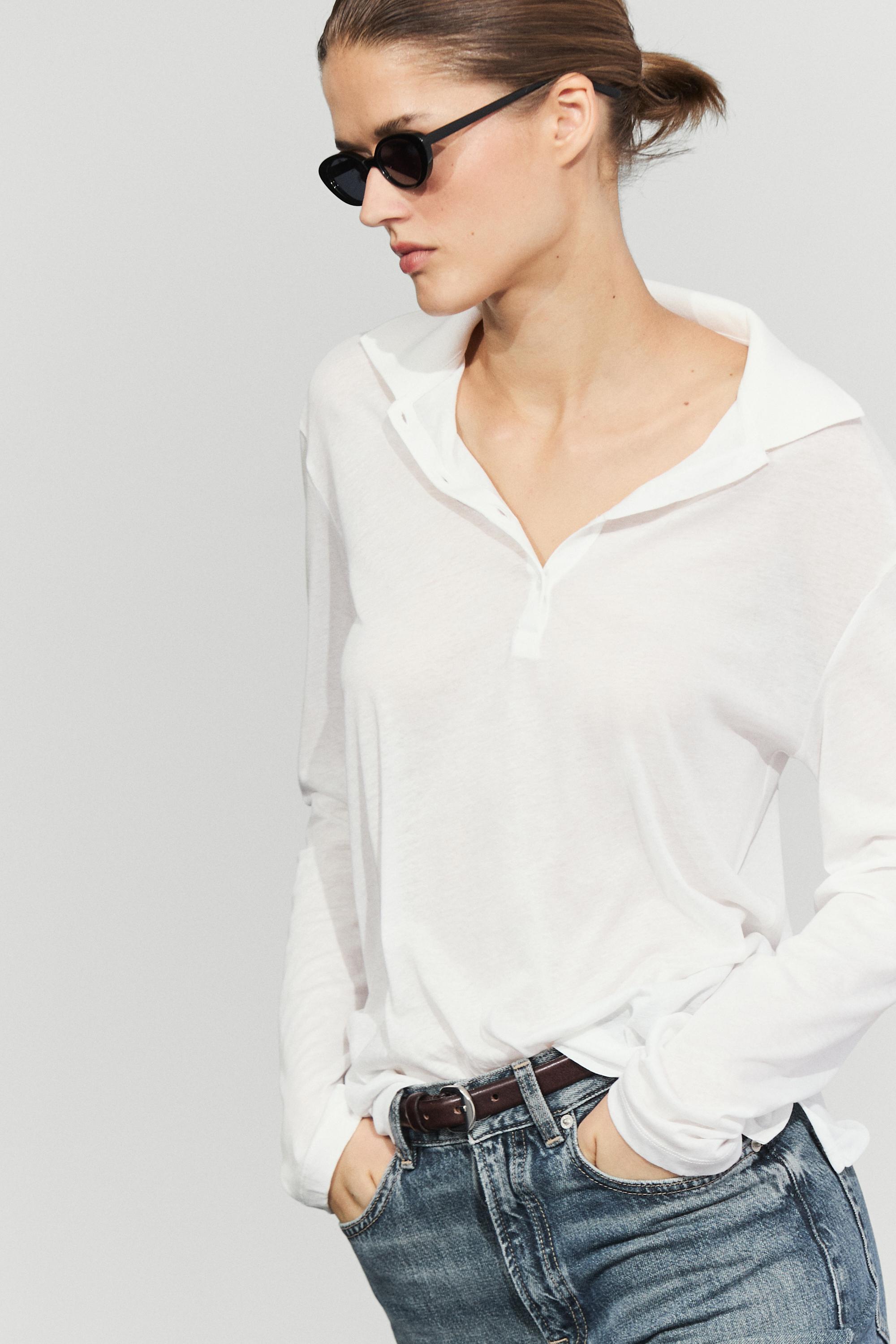 100% cotton long sleeve polo shirt — Oyster-white