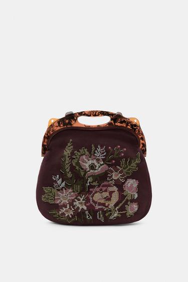 FLORAL EMBROIDERED BAG WITH TORTOISESHELL HANDLE - Aubergine by Zara