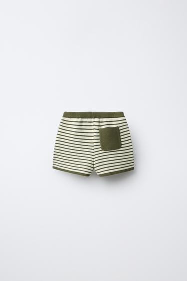 SHORT EN TRICOT À RAYURES - Écru / Vert de Zara - Image 1
